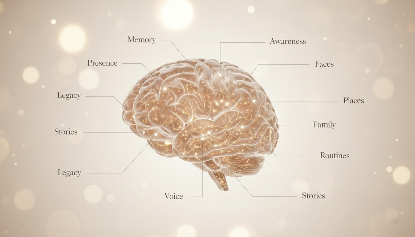 QLumis memory architecture organized around memory, voice, presence, and awareness